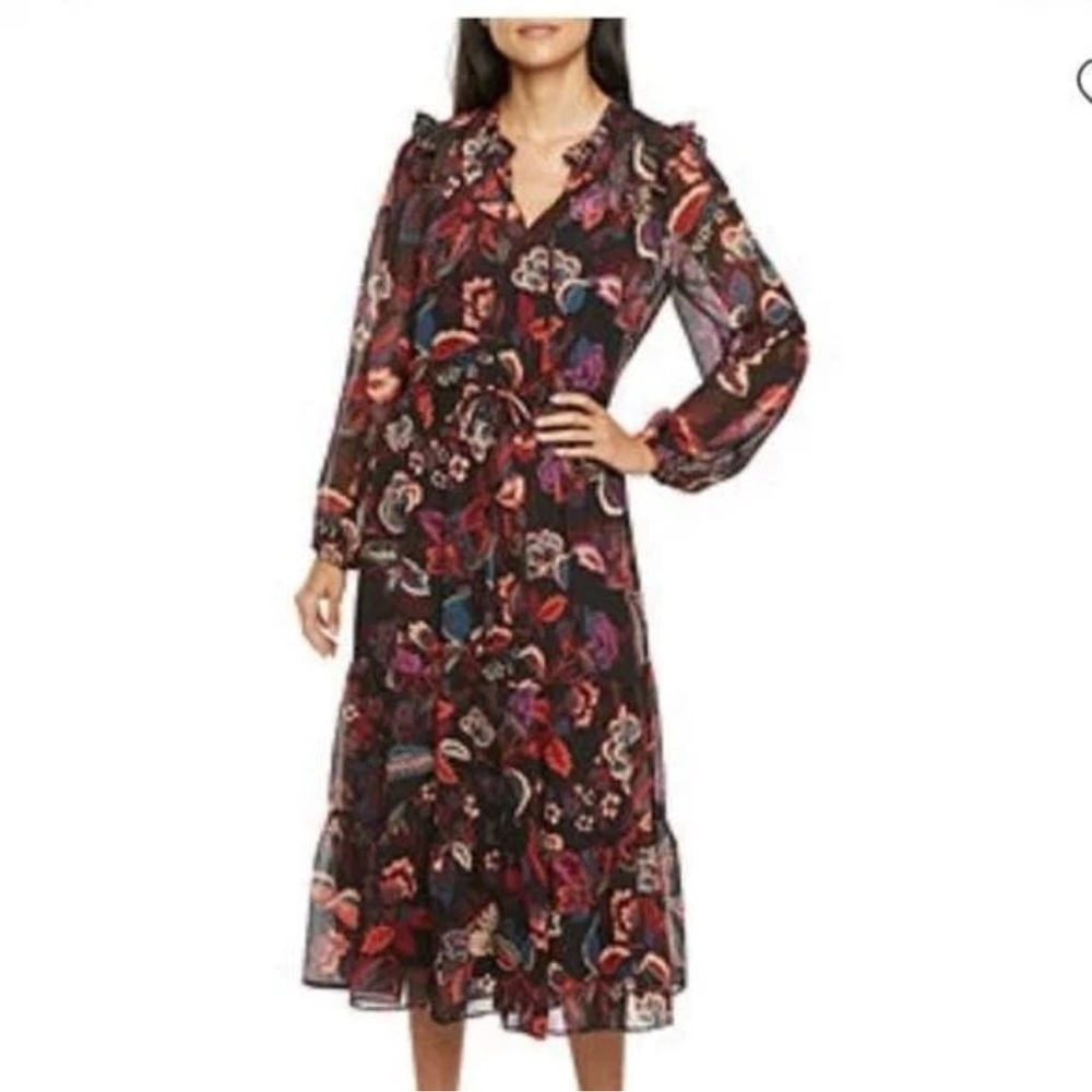 MAIA Long Sleeve Floral‎ Chiffon Midi Fit & Flare Dress Women’s SZ 4 Black NEW